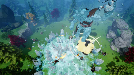 HD wallpaper featuring a dynamic battle scene from the game Tribes of Midgard with a giant icy creature and players in a lush forest environment.