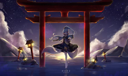 Kamisato Ayaka from Genshin Impact stands beneath a red torii over reflective water at night, starry sky — 2K Quad HD PC desktop wallpaper, video game background.