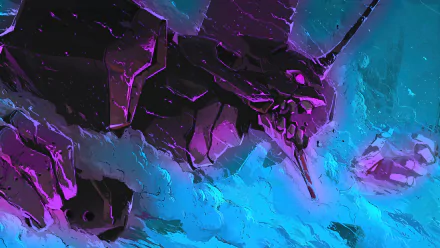 HD desktop wallpaper featuring Evangelion Unit-01 from the anime Neon Genesis Evangelion, showcasing a vibrant and dynamic scene with striking purple and blue colors.