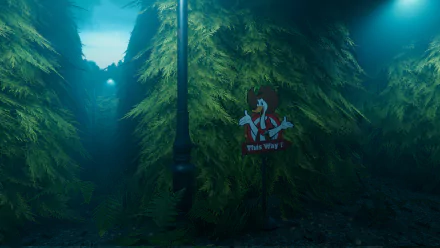 HD desktop wallpaper featuring a lush maze from the video game Labyrinthine, with a whimsical signpost pointing the way through the foggy, green surroundings.