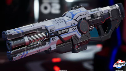 HD desktop wallpaper featuring a detailed futuristic weapon from the video game Splitgate, highlighting intricate design elements and a vivid color scheme set against a blurred background.