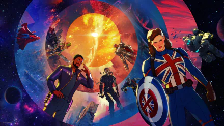 4K Ultra HD PC desktop wallpaper of TV show What If... showing Captain Carter with Union shield, a cosmic portal and alternate-universe Marvel heroes.