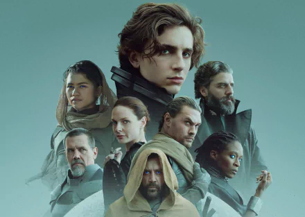 HD PC desktop wallpaper featuring Oscar Isaac, Rebecca Ferguson, Josh Brolin, Sharon Duncan-Brewster, Jason Momoa, Zendaya, Javier Bardem, and Timothée Chalamet from Dune (2021).