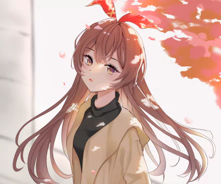 HD PC desktop wallpaper of Amber from Genshin Impact: soft autumn-lit portrait of the game's archer with long auburn hair and floating petals.