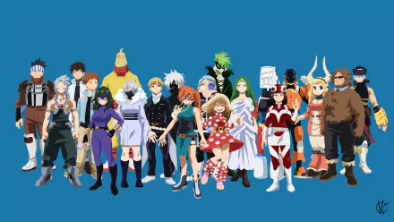 4K Ultra HD My Hero Academia anime wallpaper featuring a full lineup of diverse characters on a blue background for PC desktop.