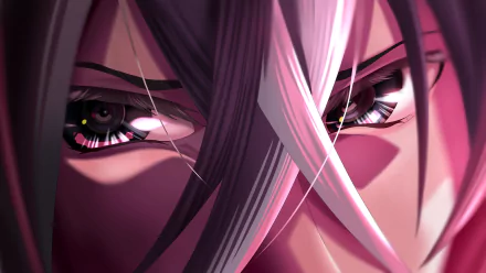 Close-up of a character from Vivy: Fluorite Eye's Song, featuring intense eyes and flowing hair, creating a striking HD desktop wallpaper backdrop.