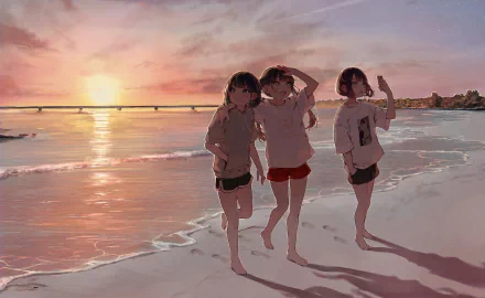 HD anime desktop wallpaper depicting three girls walking along a beach at sunset with vibrant water and sky colors in a serene, scenic anime beach setting.