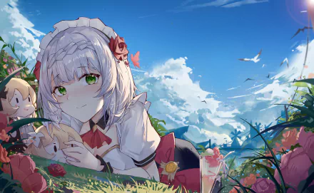 A vibrant 4K Ultra HD PC wallpaper featuring Noelle and Lumine from the video game Genshin Impact amidst a bright, scenic outdoor setting.