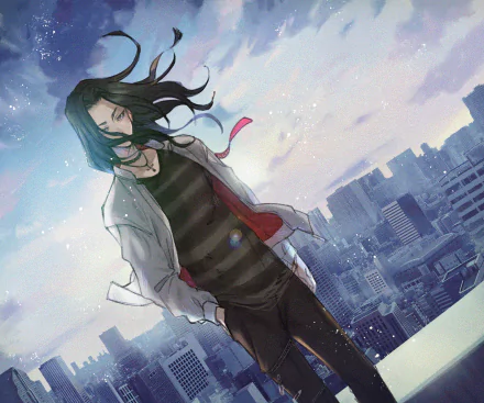 HD desktop wallpaper featuring Keisuke Baji from the anime Tokyo Revengers, with a cityscape backdrop under a cloudy sky.