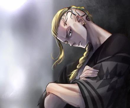 HD anime desktop wallpaper featuring Ken Ryuguji from Tokyo Revengers with a serious expression and braided hair against a subdued, misty background.