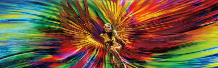 Vibrant 8K Ultra HD wallpaper of Gal Gadot as Wonder Woman in her golden armor from Wonder Woman 1984, set against a dynamic, colorful background.