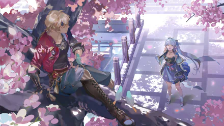 HD desktop wallpaper featuring Kamisato Ayaka and Thoma from Genshin Impact, set in a serene scene with blossoming cherry trees and soft lighting.
