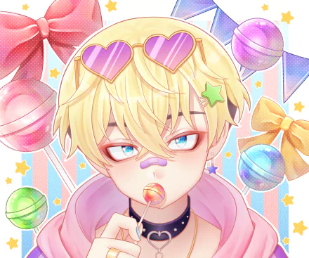 HD anime desktop wallpaper featuring Chifuyu Matsuno from Tokyo Revengers, surrounded by colorful candies and pastel decorations.