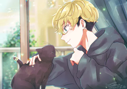 HD desktop wallpaper featuring Chifuyu Matsuno from Tokyo Revengers, shown petting a black cat by a window. The background includes outdoor scenery with green foliage, adding a serene ambiance.