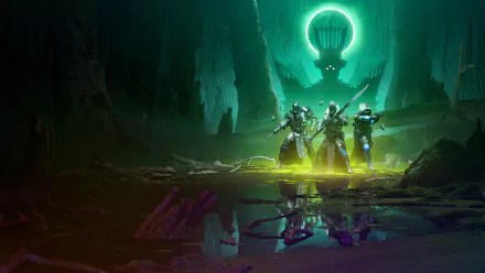 4K Ultra HD Destiny 2: The Witch Queen PC wallpaper featuring three armored characters standing in a dark cavern with a glowing green orb in the background.