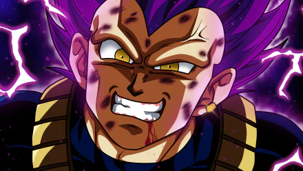 HD PC desktop wallpaper featuring a fierce, battle-damaged Vegeta from Dragon Ball Super anime with intense purple aura in the background.