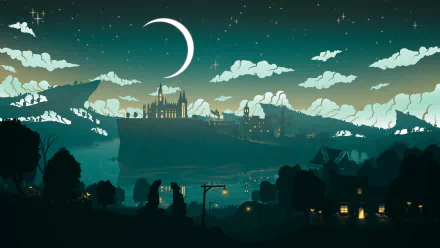 A scenic nighttime view of Mondstadt from Genshin Impact, with a crescent moon illuminating the sky. HD desktop wallpaper and background showing the tranquil cityscape under a starlit sky.