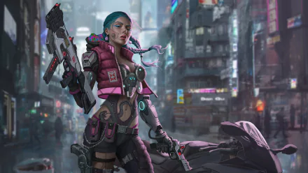 A futuristic woman warrior cyborg armed with high-tech weapons stands confidently in a neon-lit sci-fi cityscape, rendered in stunning 4K Ultra HD detail.