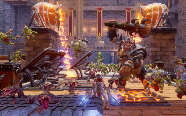 HD wallpaper of Orcs Must Die! 3 game showing intense battle scene with traps and orcs for desktop background.