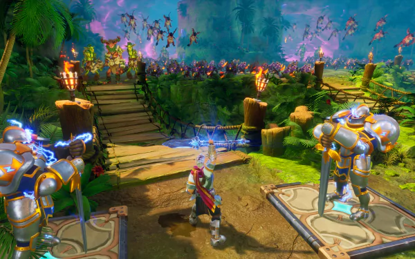 HD Wallpaper of Orcs Must Die! 3 game featuring hero character and defensive units preparing for battle in a vibrant forest setting.