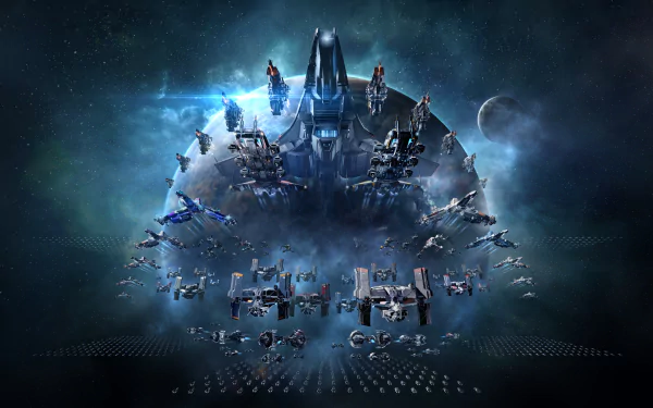 EVE Online HD wallpaper featuring a fleet of spaceships assembled around a space station, set against a cosmic backdrop with a distant moon.