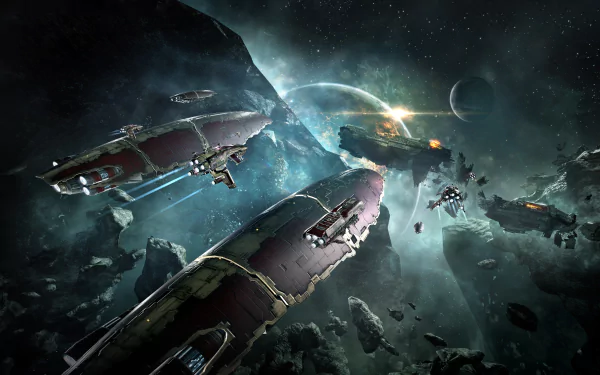 HD wallpaper featuring EVE Online spaceships in cosmic battle scene.