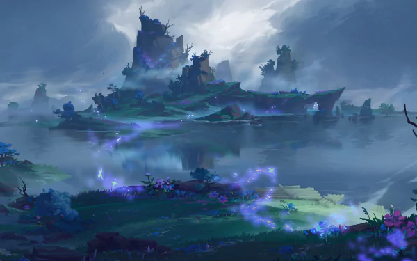 HD desktop wallpaper from Genshin Impact featuring the mystical landscape of Inazuma with glowing flora and ethereal mist.