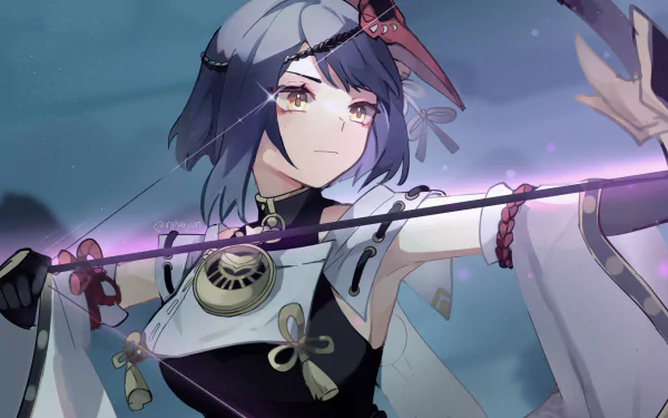 HD PC desktop wallpaper featuring Kujou Sara from the video game Genshin Impact, showcasing her poised with a glowing bow against a misty background.