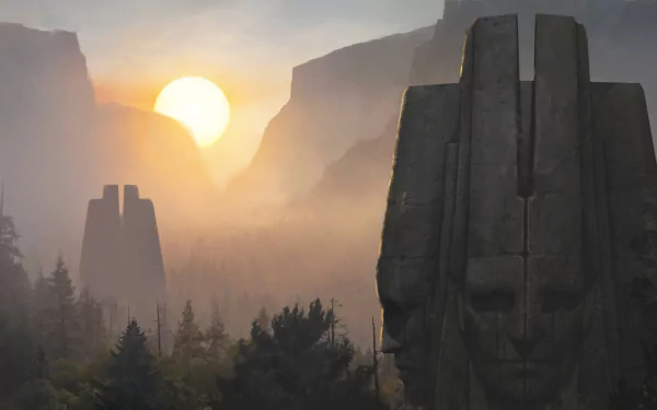 HD PC desktop wallpaper from the video game New World, featuring a misty mountainous landscape with a large stone statue and a glowing sun in the background.