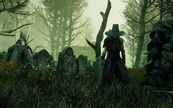 4K Ultra HD PC wallpaper: New World video game scene — a hooded figure stands in a misty forest cemetery among standing stones and tall grass.