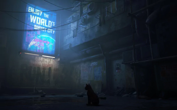 HD PC desktop wallpaper from the video game Stray, showing a dark, futuristic alleyway with a cat silhouetted against neon signs.