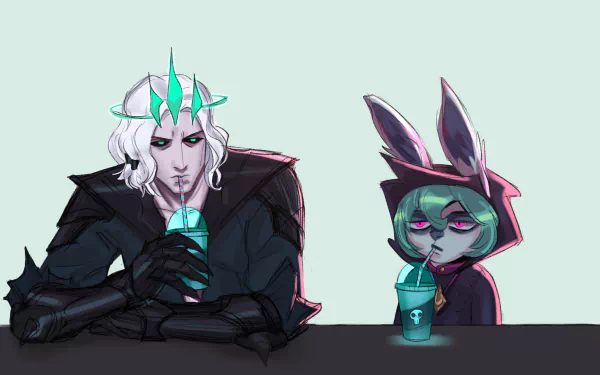 HD desktop wallpaper featuring Viego and Vex from League of Legends, both sipping drinks with a relaxed yet moody vibe in this video game-themed artwork.