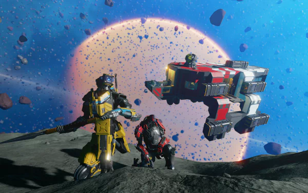 HD Wallpaper of Starbase game featuring a robot, creature, and spaceship on an asteroid with a planet backdrop.