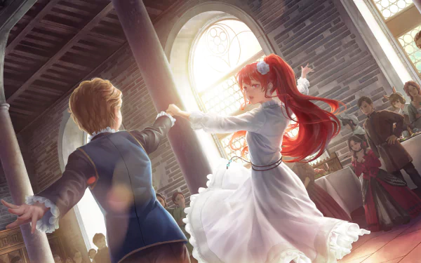Eris Boreas Greyrat and Rudeus Greyrat from Mushoku Tensei: Jobless Reincarnation are seen dancing in an elegant room. Sunlight streams through the windows, creating a magical atmosphere.