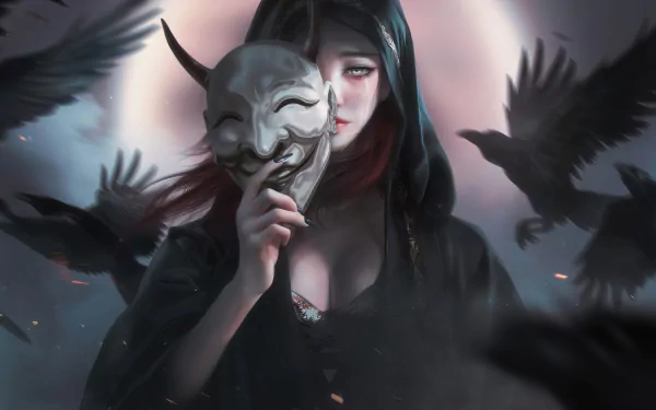 A fantasy-themed 4K Ultra HD wallpaper featuring a woman in a dark hood holding a horned mask, surrounded by flying crows.