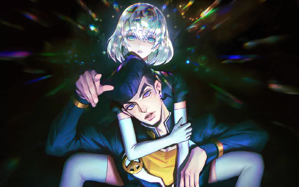 4K Ultra HD PC wallpaper crossover: Josuke Higashikata (JoJo's Bizarre Adventure) embraced by Diamond from Land of the Lustrous, glimmering crystal shards.