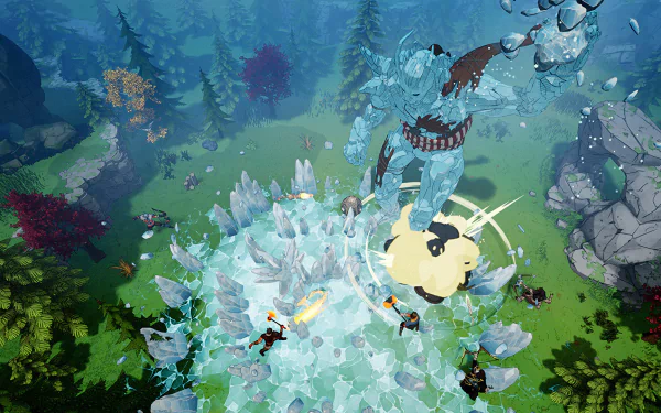 HD wallpaper featuring a dynamic battle scene from the game Tribes of Midgard with a giant icy creature and players in a lush forest environment.