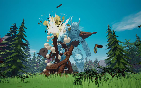 HD wallpaper featuring an action-packed scene from Tribes of Midgard with a towering ice giant amidst an explosive battle in a lush green forest setting.