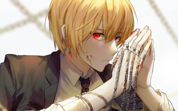 Kurapika from Hunter × Hunter stands with an intense expression, bloodied and bound by chains, captured in a striking 4K Ultra HD anime wallpaper.