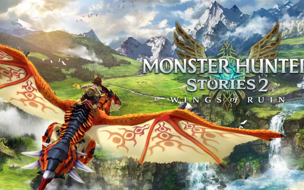 HD desktop wallpaper featuring Monster Hunter Stories 2: Wings of Ruin with a character riding a vibrant orange dragon in a scenic landscape.