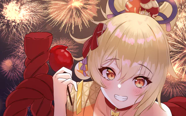 HD PC desktop wallpaper featuring Yoimiya from Genshin Impact with a joyful expression, holding an apple amid vibrant fireworks in the background.