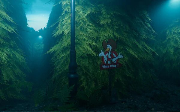 HD desktop wallpaper featuring a lush maze from the video game Labyrinthine, with a whimsical signpost pointing the way through the foggy, green surroundings.