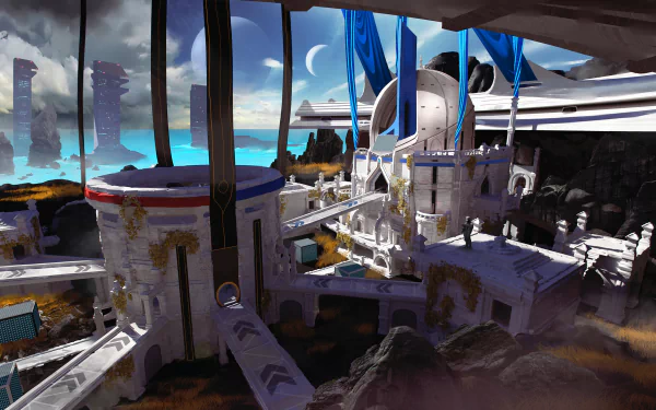 HD Splitgate game wallpaper featuring futuristic sci-fi arena under a blue sky with distant planets.