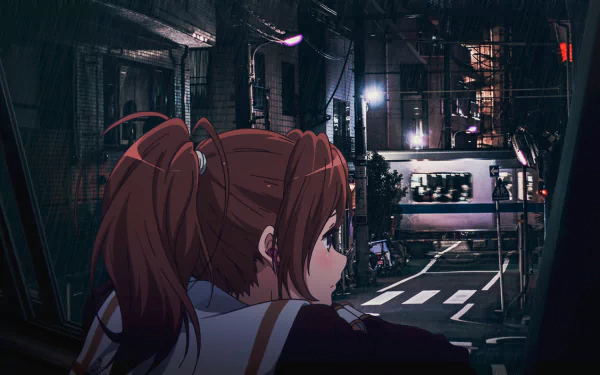 HD anime desktop wallpaper featuring Nakagawa Natsuki, an anime girl with reddish-brown hair tied in a ponytail, set against a dark urban night background.
