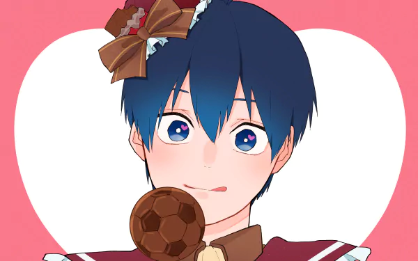 Anime wallpaper of Blue Lock's Isagi Yoichi holding a chocolate soccer ball, vibrant 4K Ultra HD PC desktop background with a pink heart backdrop.