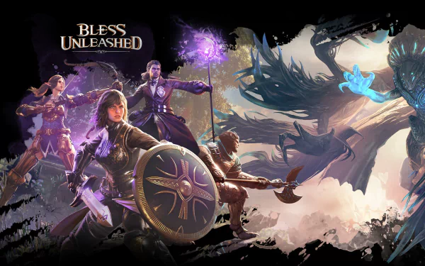 Bless Unleashed HD desktop wallpaper featuring dynamic character artwork with fantasy warriors and mystical creatures.
