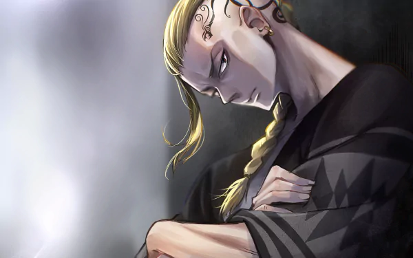 HD anime desktop wallpaper featuring Ken Ryuguji from Tokyo Revengers with a serious expression and braided hair against a subdued, misty background.