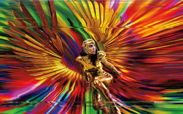 Vibrant 8K Ultra HD wallpaper of Gal Gadot as Wonder Woman in her golden armor from Wonder Woman 1984, set against a dynamic, colorful background.