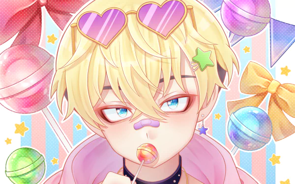 HD anime desktop wallpaper featuring Chifuyu Matsuno from Tokyo Revengers, surrounded by colorful candies and pastel decorations.