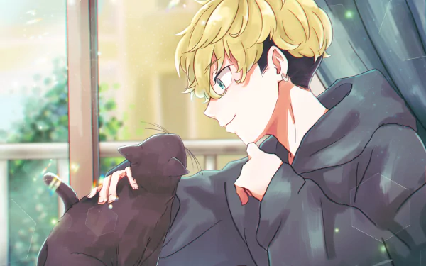 HD desktop wallpaper featuring Chifuyu Matsuno from Tokyo Revengers, shown petting a black cat by a window. The background includes outdoor scenery with green foliage, adding a serene ambiance.